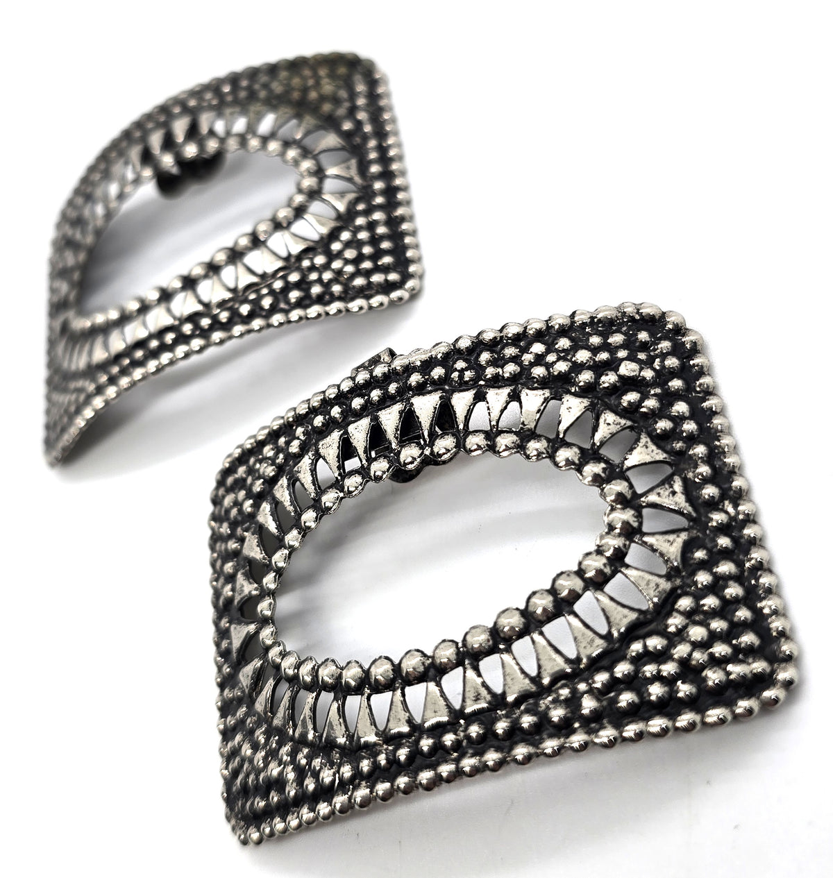Art Deco French pressed metal Sacred Geometry oval mouth antique shoe clips pair