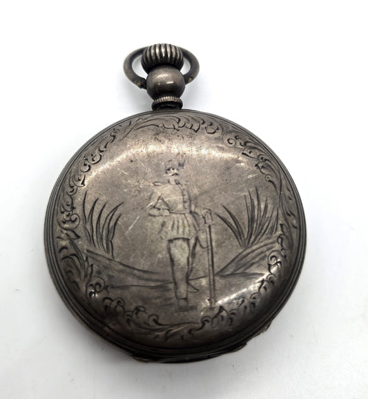 Victorian silver plated etched military hunting motif antique pocket watch case