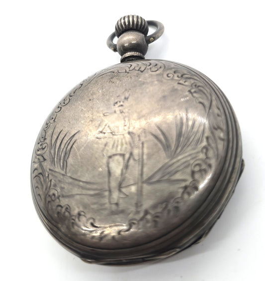 Victorian silver plated etched military hunting motif antique pocket watch case