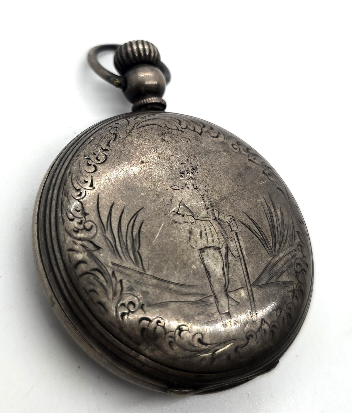 Victorian silver plated etched military hunting motif antique pocket watch case