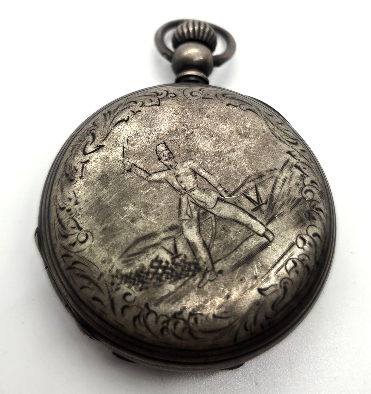 Victorian silver plated etched military hunting motif antique pocket watch case