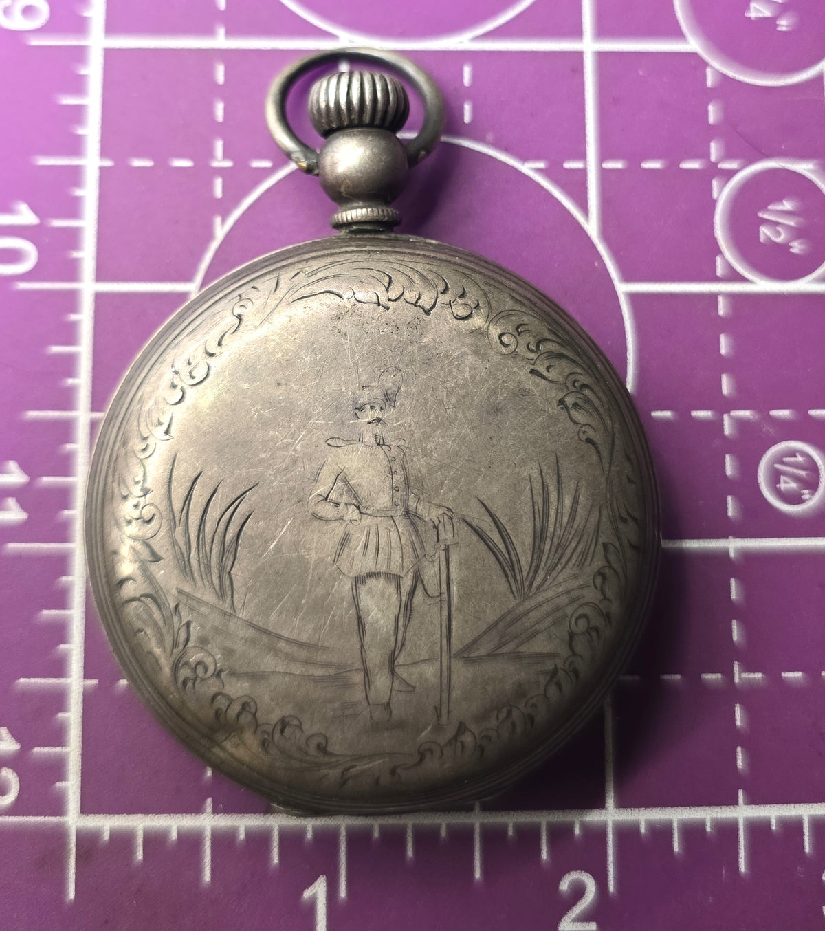 Victorian silver plated etched military hunting motif antique pocket watch case