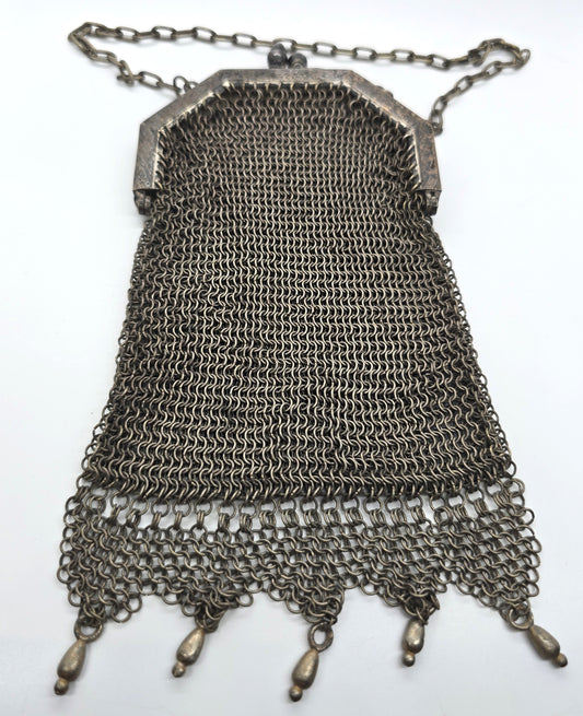 Victorian bullet kiss clasp mesh silver toned antique chatelaine clutch purse