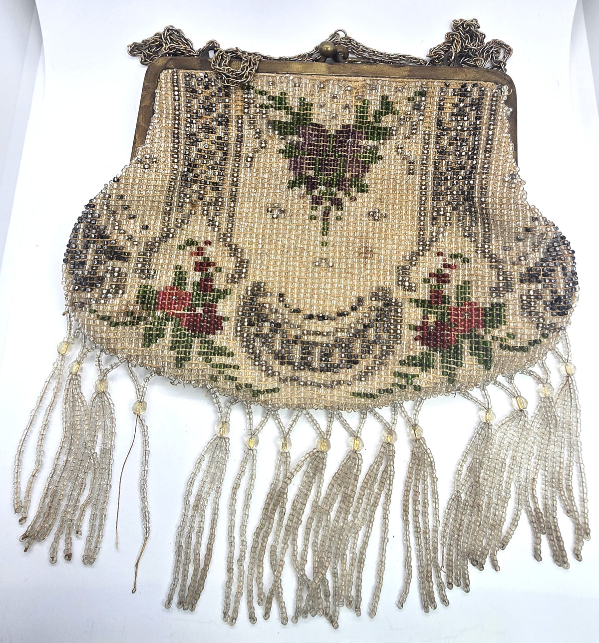 Victorian French Steel Cut seed beaded silk lined antique clutch purse