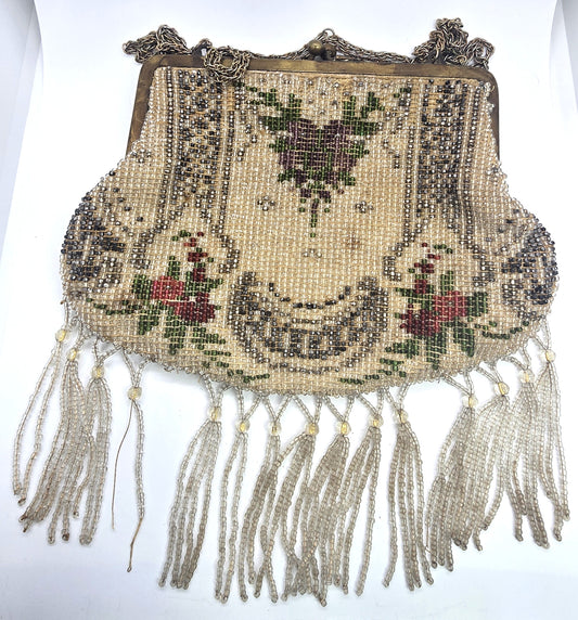 Victorian French Steel Cut seed beaded silk lined antique clutch purse