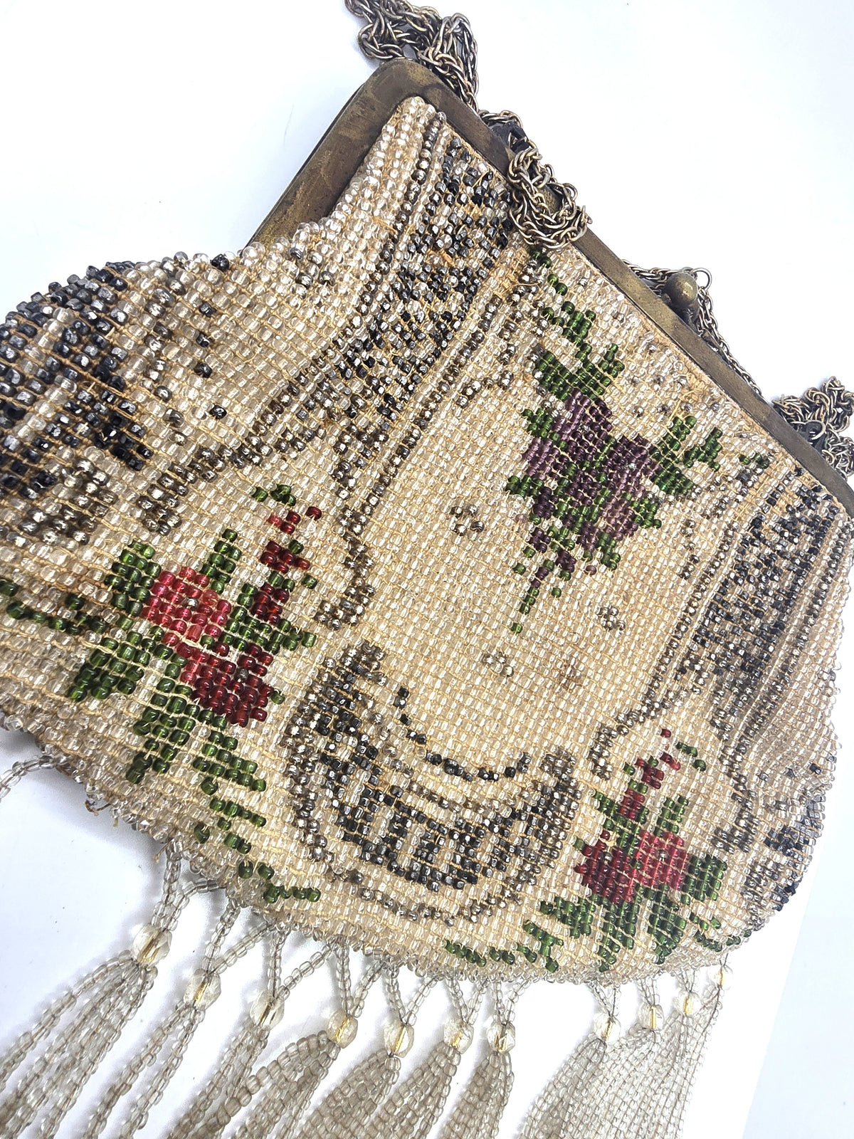 Victorian French Steel Cut seed beaded silk lined antique clutch purse