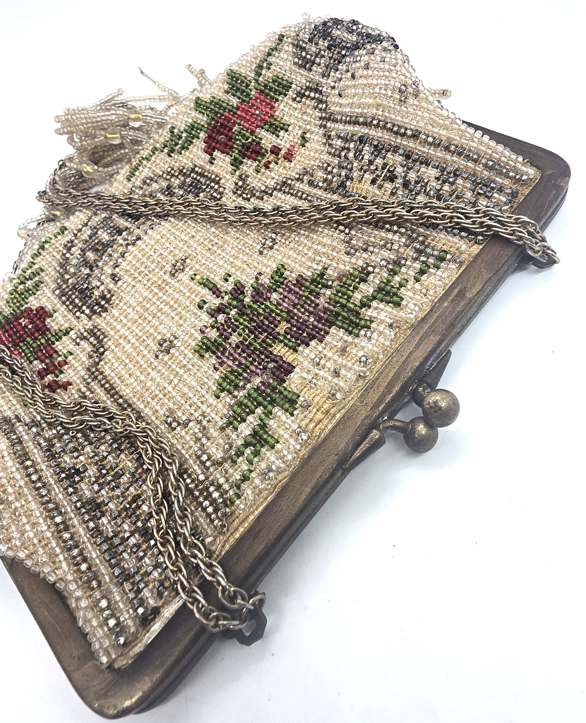 Victorian French Steel Cut seed beaded silk lined antique clutch purse