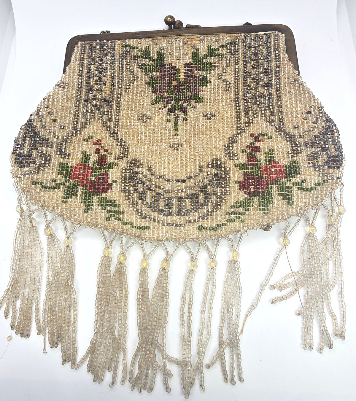 Victorian French Steel Cut seed beaded silk lined antique clutch purse