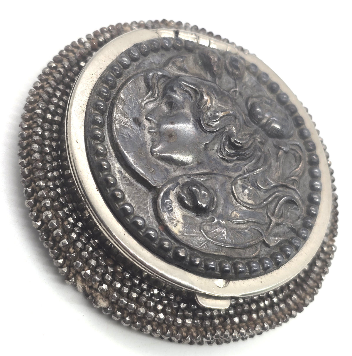 Victorian Tam O' Shanter antique French Steel Cut nymph silver plated coin purse 1903