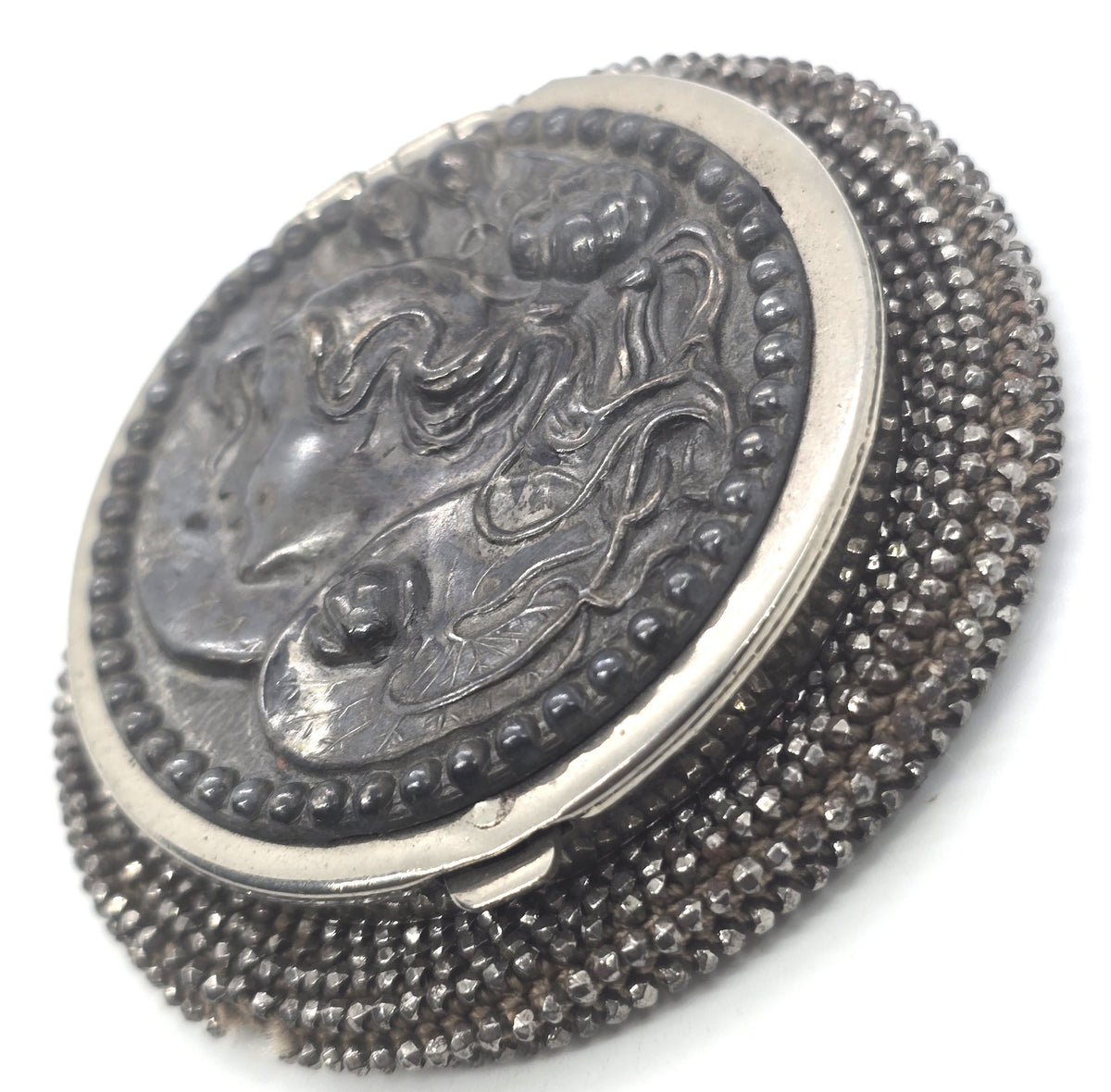 Victorian Tam O' Shanter antique French Steel Cut nymph silver plated coin purse 1903