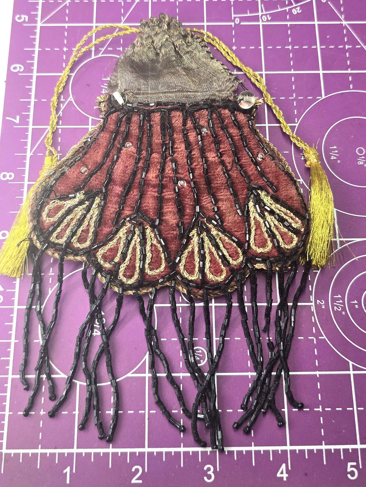 Burgundy Velvet vintage Art Deco style beaded hand clutch *Damaged*