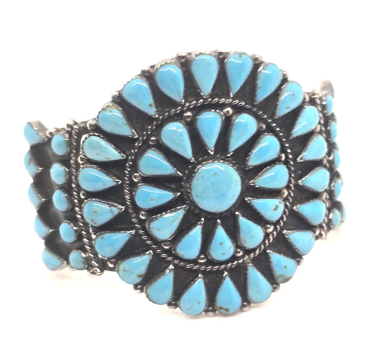 Zuni style flower petite point turquoise vintage Sterling Silver cuff bracelet 5 Star