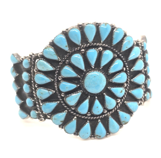 Zuni style flower petite point turquoise vintage Sterling Silver cuff bracelet 5 Star