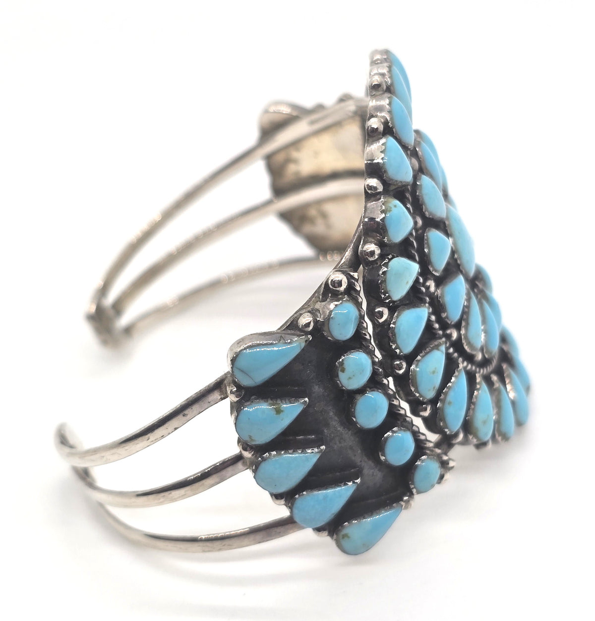 Zuni style flower petite point turquoise vintage Sterling Silver cuff bracelet 5 Star