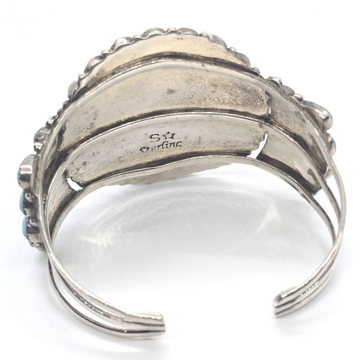 Zuni style flower petite point turquoise vintage Sterling Silver cuff bracelet 5 Star
