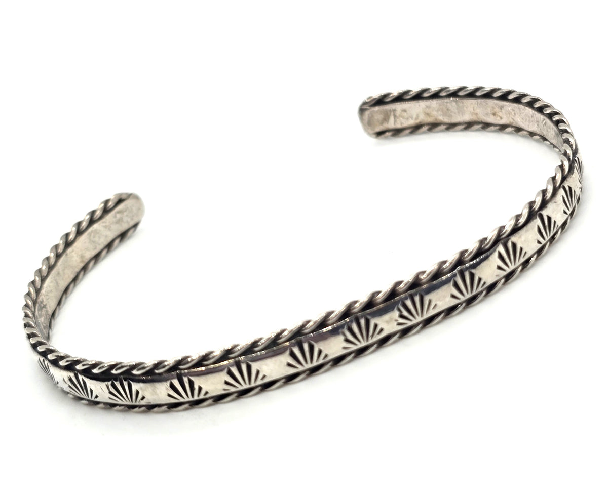 Southwestern stamped cactus fan twisted rope vintage sterling silver cuff bracelet