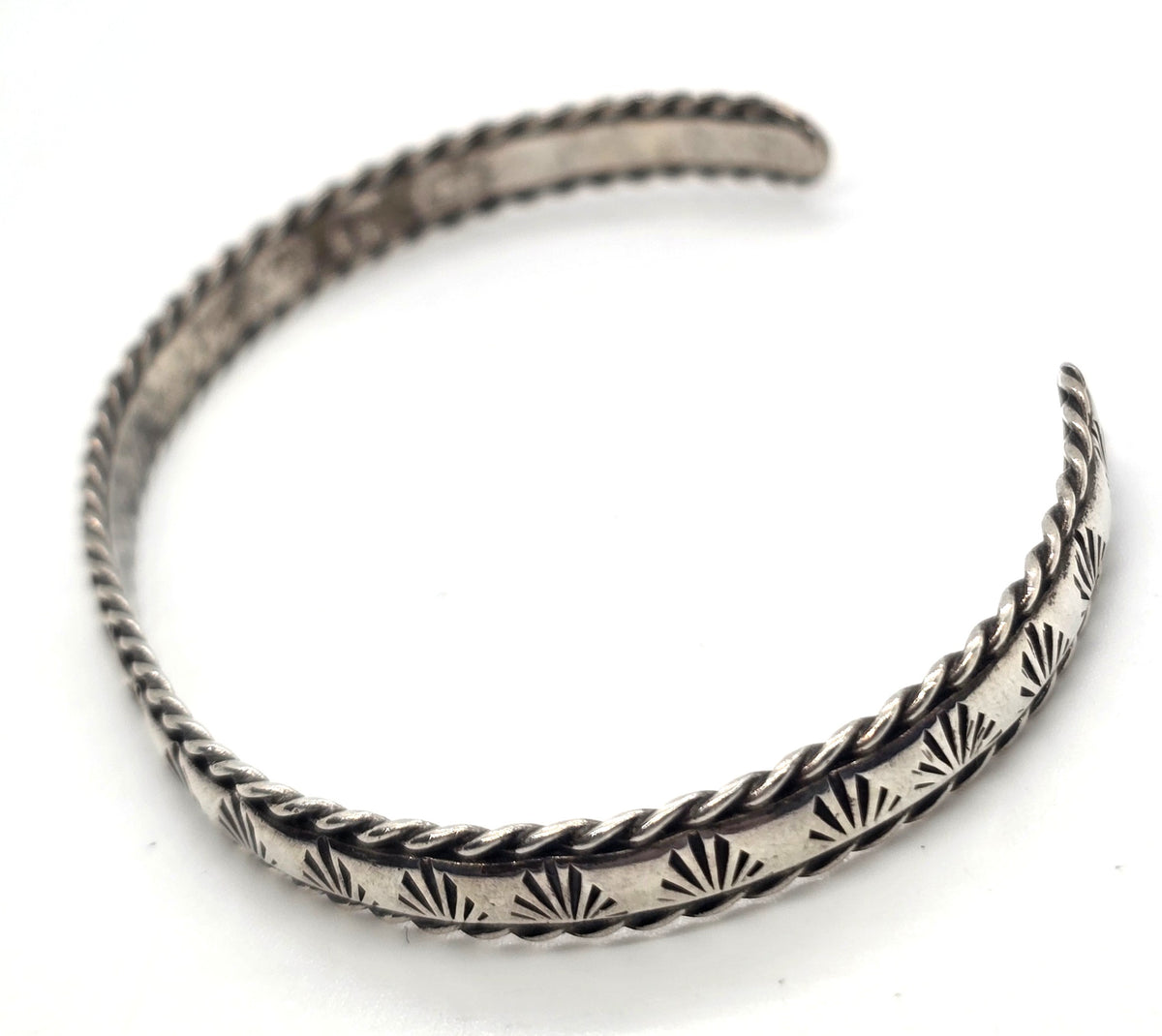 Southwestern stamped cactus fan twisted rope vintage sterling silver cuff bracelet