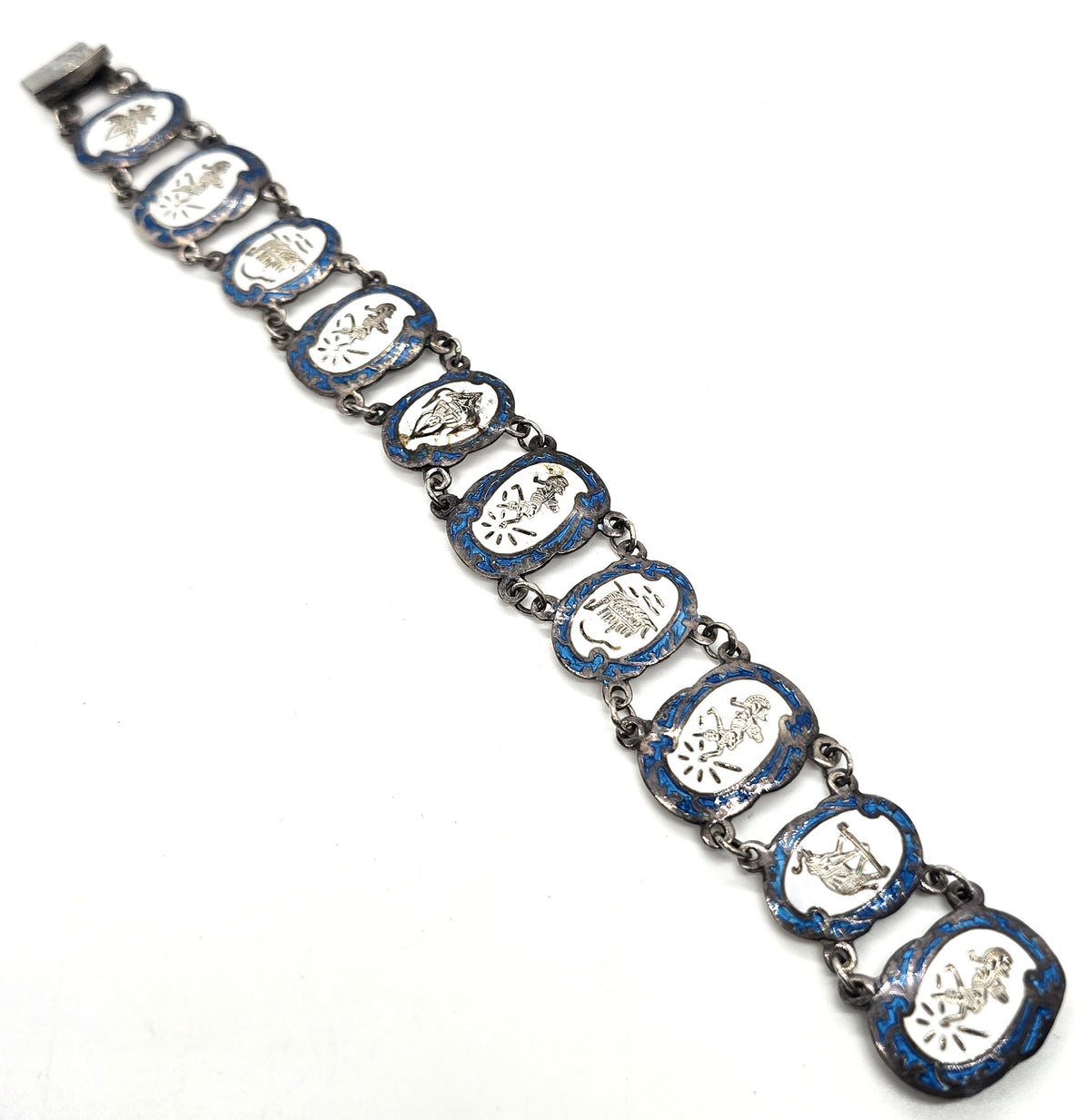 Siam Guilloche Bright teal blue enamel vintage sterling silver panel bracelet