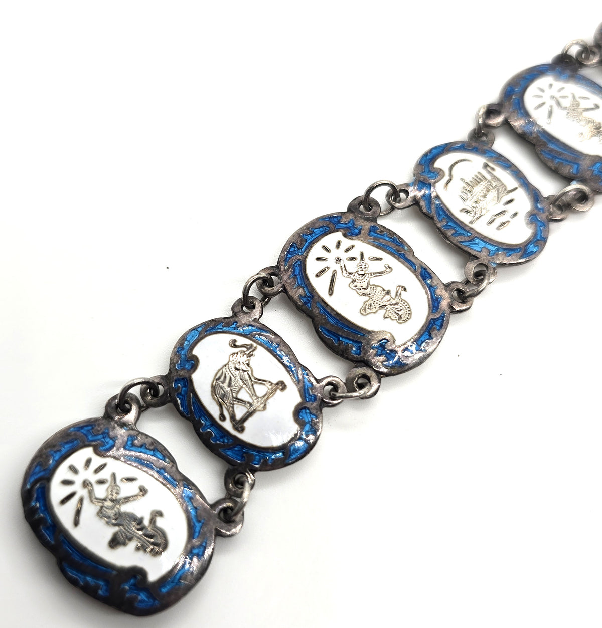 Siam Guilloche Bright teal blue enamel vintage sterling silver panel bracelet