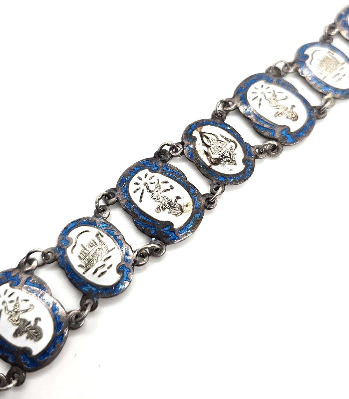 Siam Guilloche Bright teal blue enamel vintage sterling silver panel bracelet