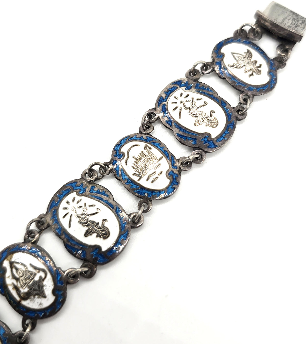Siam Guilloche Bright teal blue enamel vintage sterling silver panel bracelet