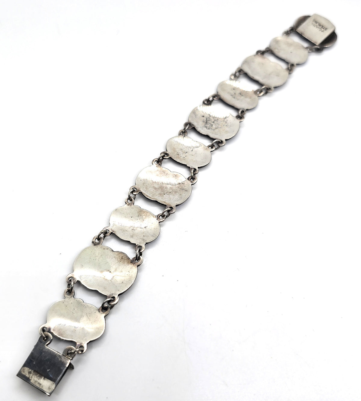 Siam Guilloche Bright teal blue enamel vintage sterling silver panel bracelet