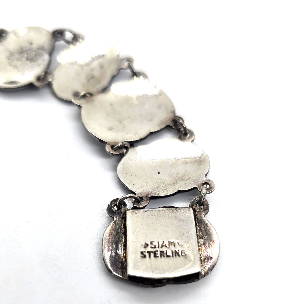 Siam Guilloche Bright teal blue enamel vintage sterling silver panel bracelet