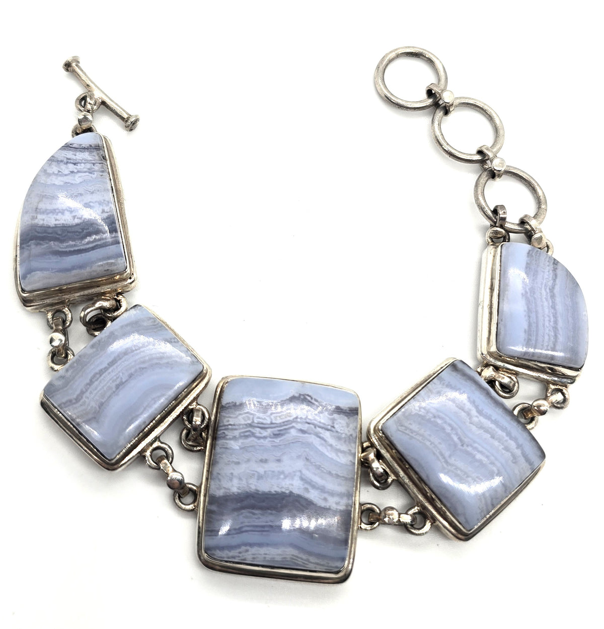 Banded Blue lace agate gemstone vintage sterling silver Toggle Bracelet