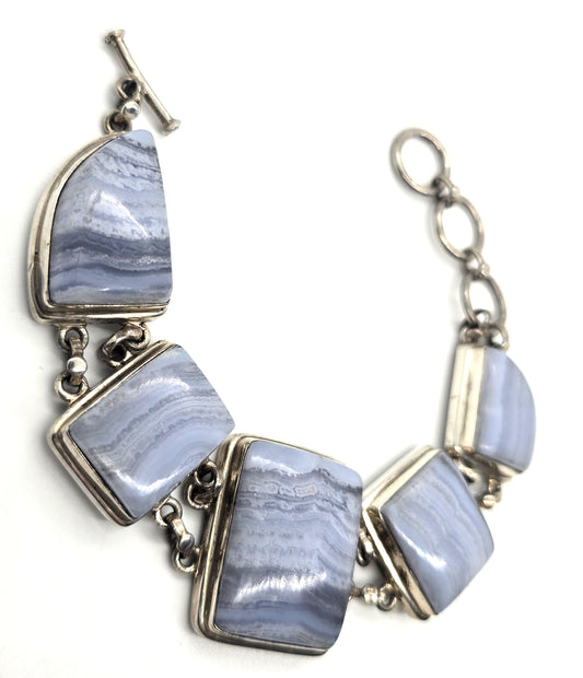 Banded Blue lace agate gemstone vintage sterling silver Toggle Bracelet