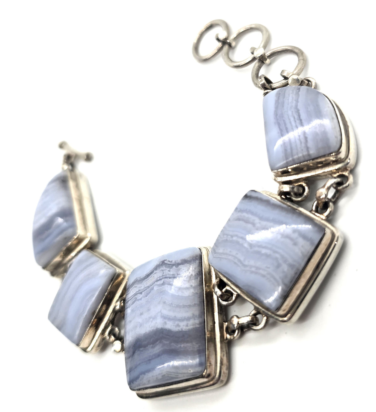 Banded Blue lace agate gemstone vintage sterling silver Toggle Bracelet