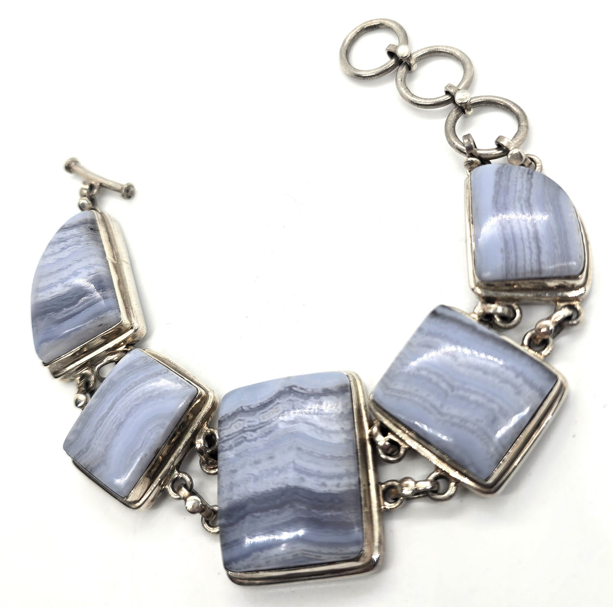 Banded Blue lace agate gemstone vintage sterling silver Toggle Bracelet
