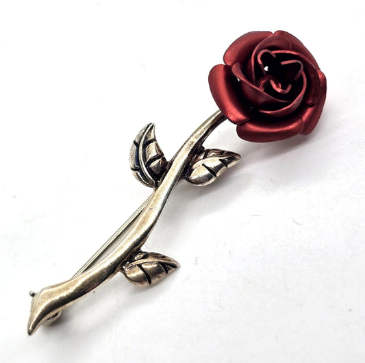 Jezlaine sterling silver vintage signed red rosebud flower brooch