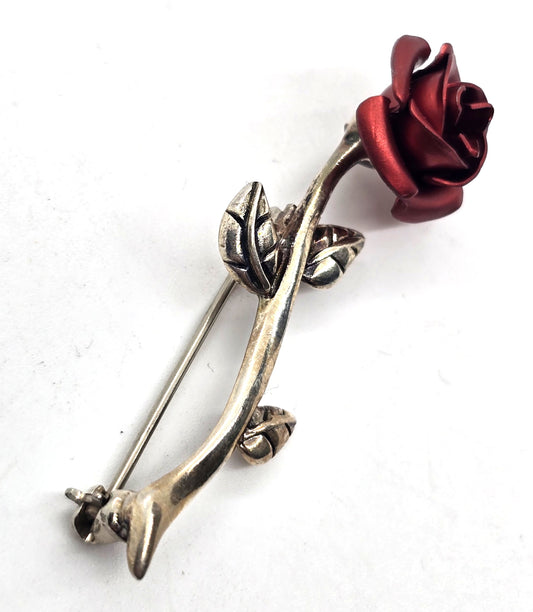 Jezlaine sterling silver vintage signed red rosebud flower brooch