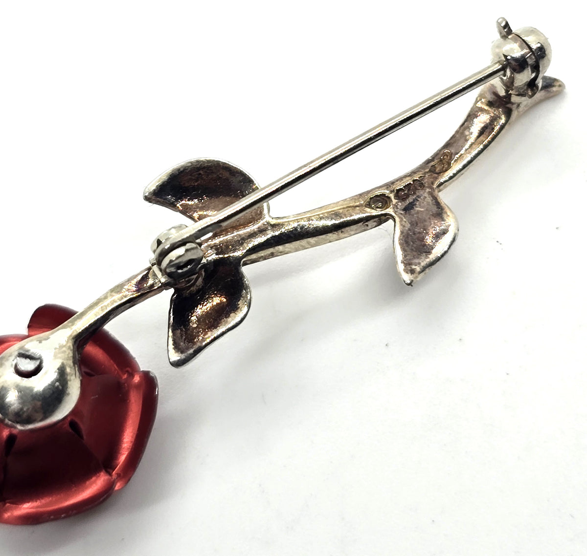 Jezlaine sterling silver vintage signed red rosebud flower brooch
