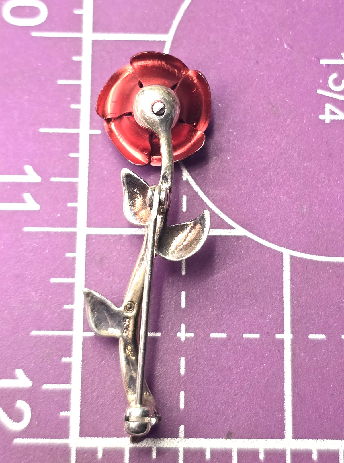 Jezlaine sterling silver vintage signed red rosebud flower brooch