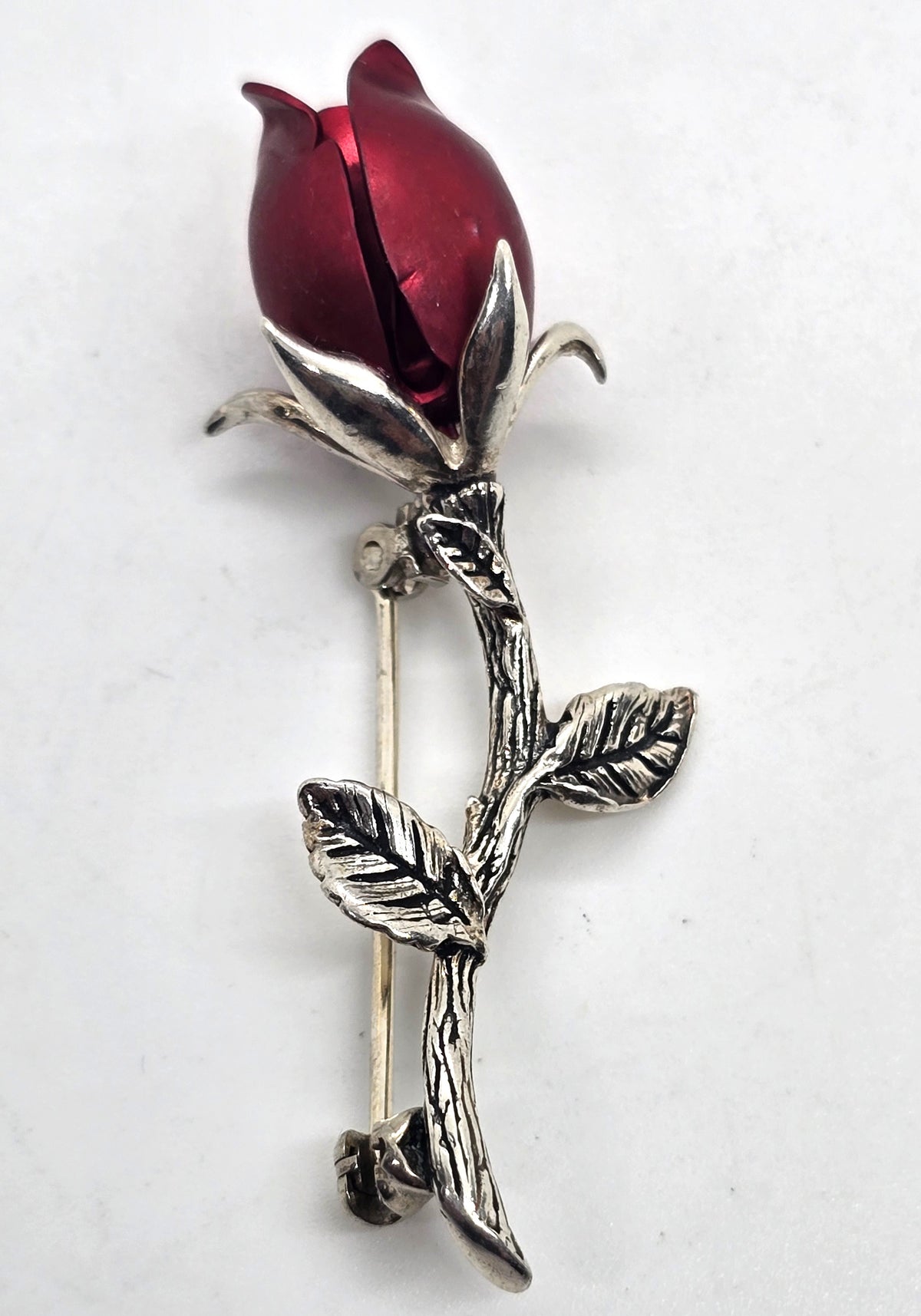 Jezlaine sterling silver vintage signed red rosebud flower brooch