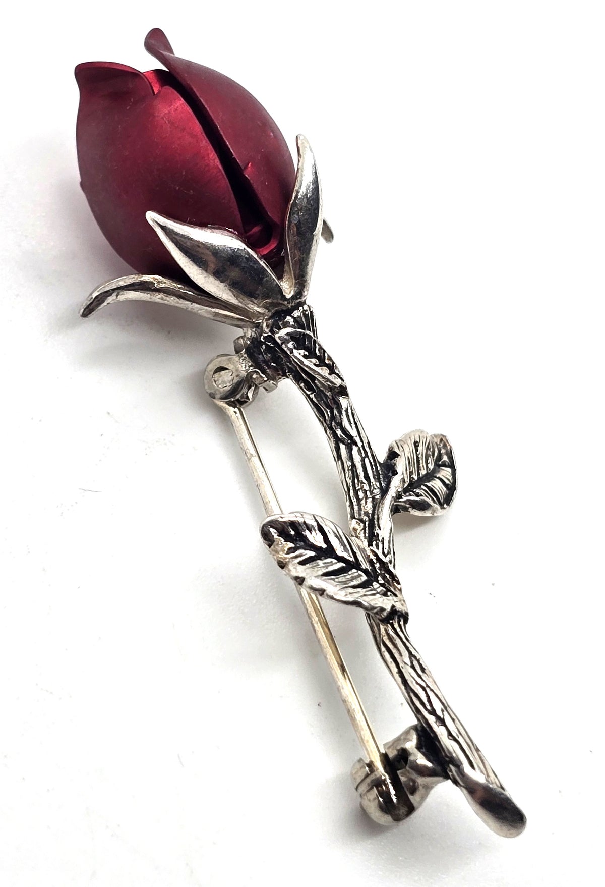 Jezlaine sterling silver vintage signed red rosebud flower brooch