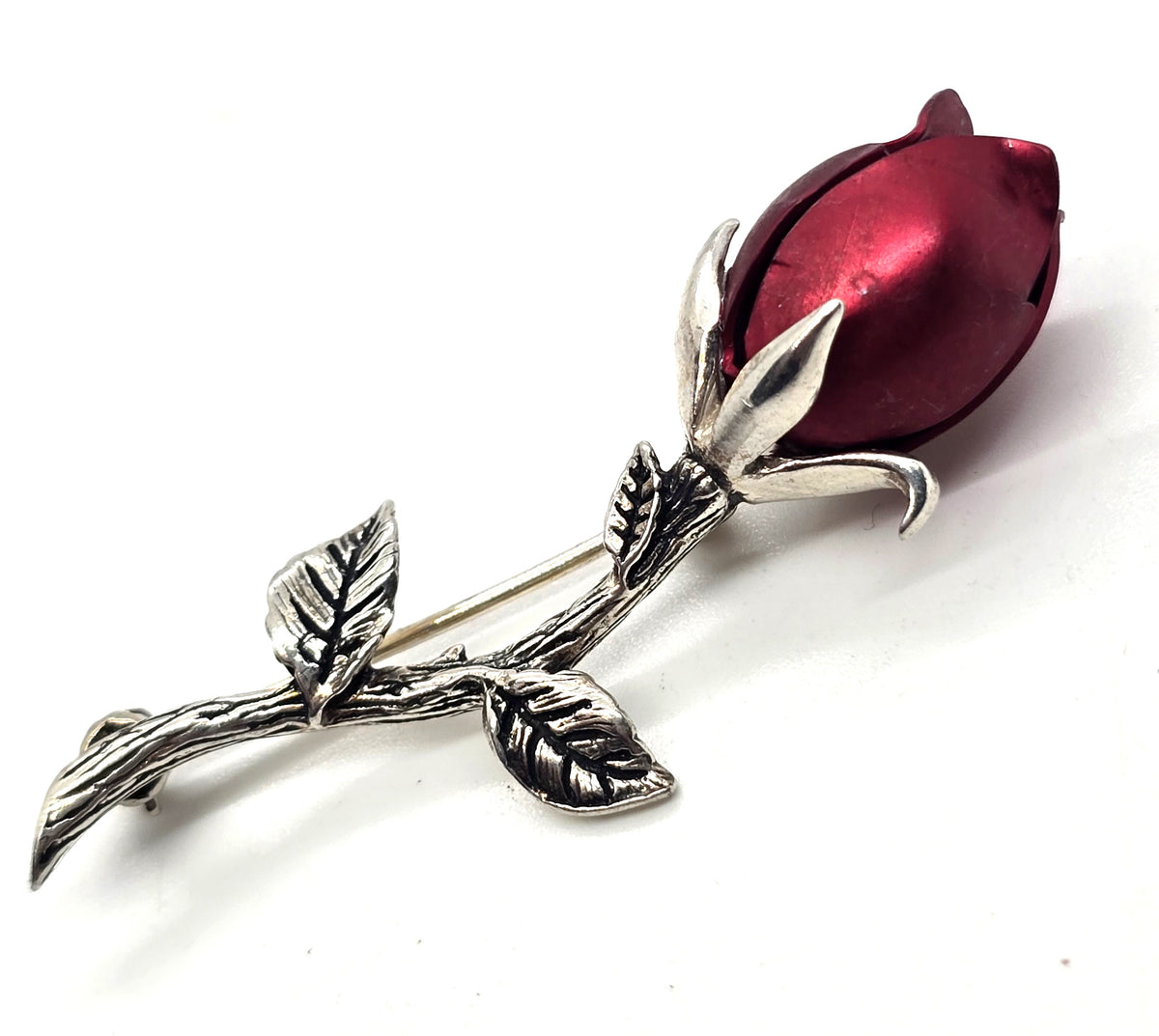Jezlaine sterling silver vintage signed red rosebud flower brooch