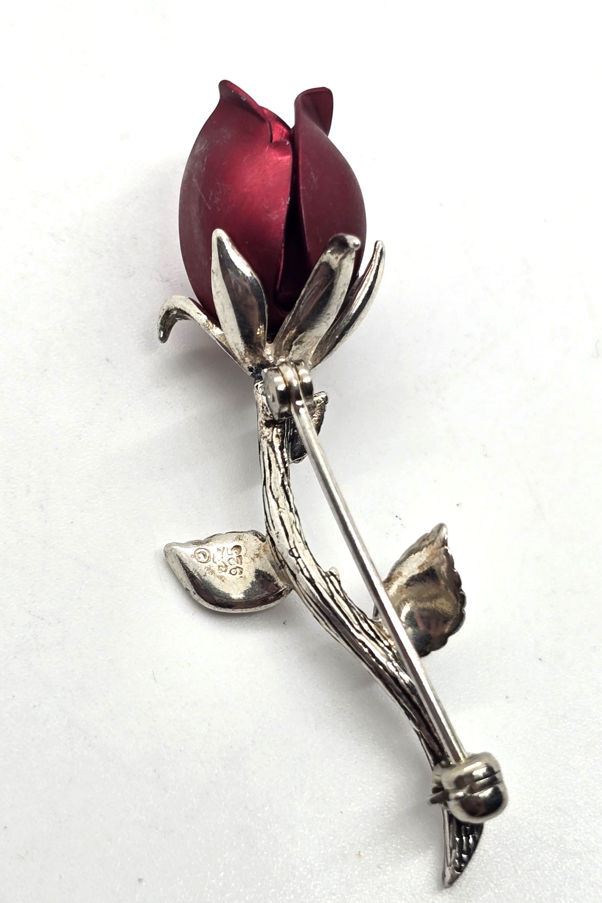Jezlaine sterling silver vintage signed red rosebud flower brooch