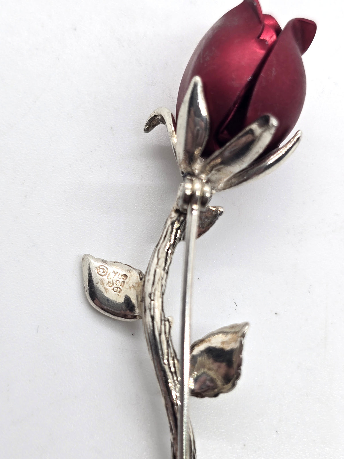 Jezlaine sterling silver vintage signed red rosebud flower brooch