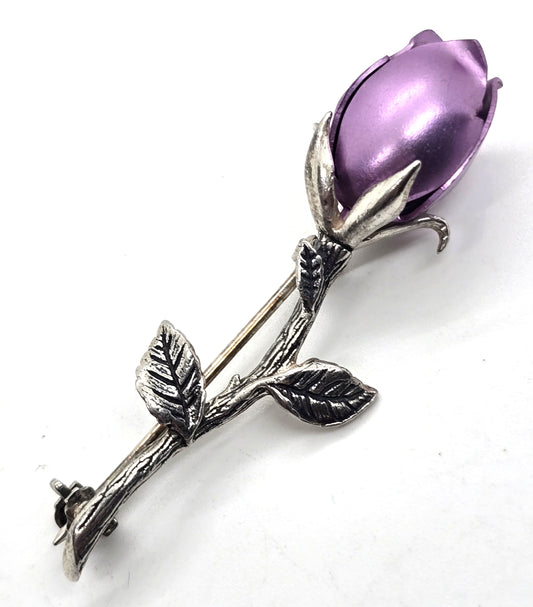 Jezlaine sterling silver vintage signed purple rosebud flower brooch