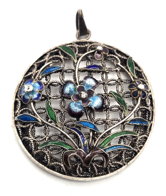 Chinese Export blue purple flowers enamel cloisonne sterling silver vintage pendant