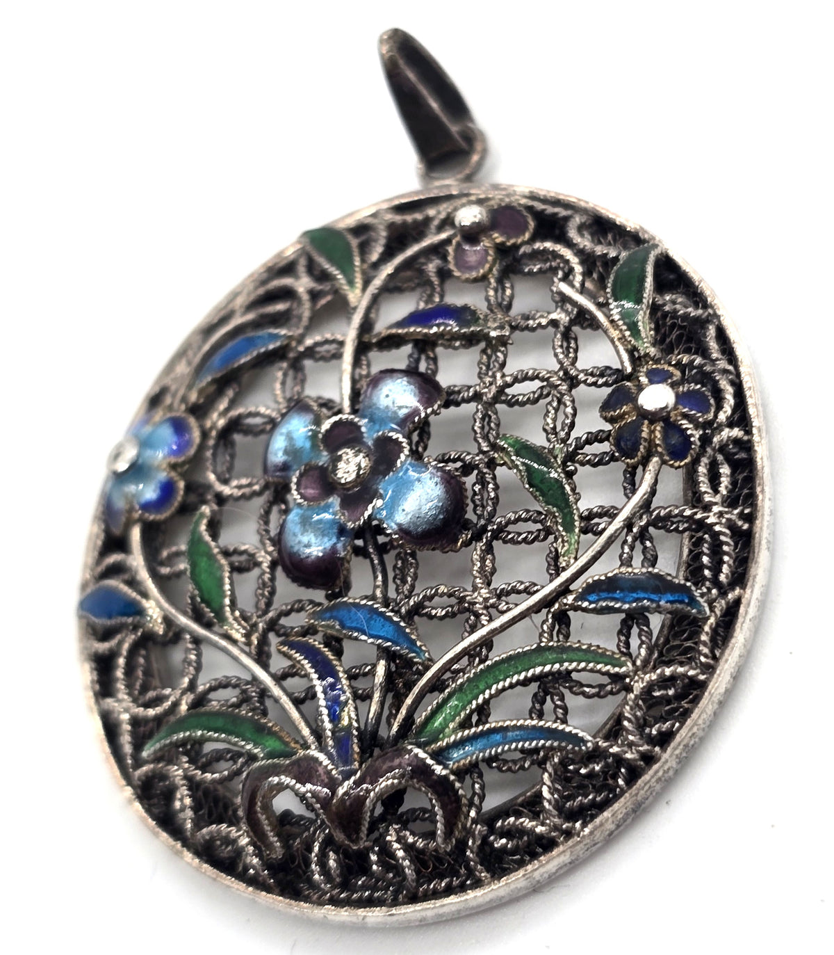 Chinese Export blue purple flowers enamel cloisonne sterling silver vintage pendant