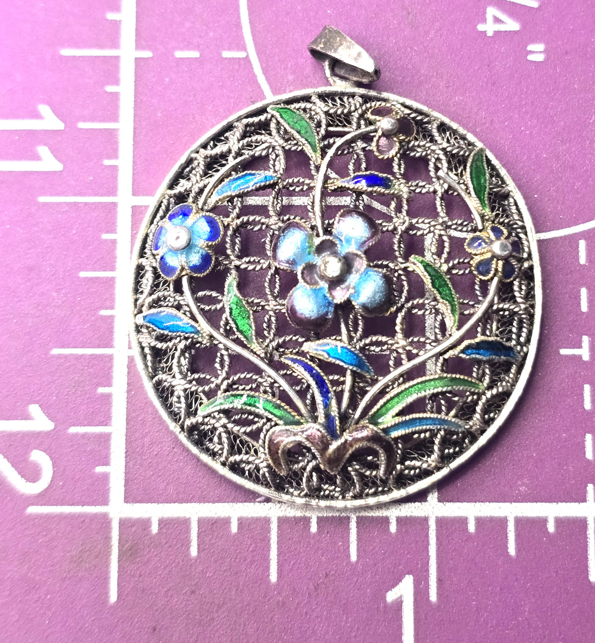Chinese Export blue purple flowers enamel cloisonne sterling silver vintage pendant