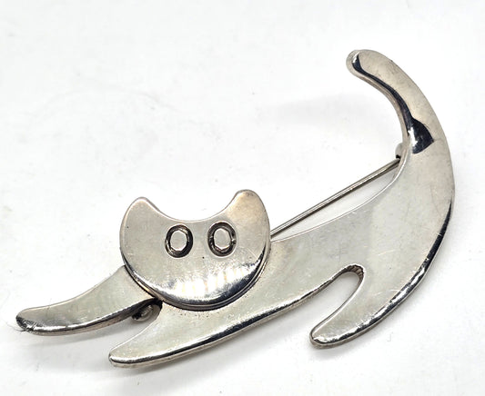 Big Stretch Cat Artisan vintage sterling silver feline cat brooch