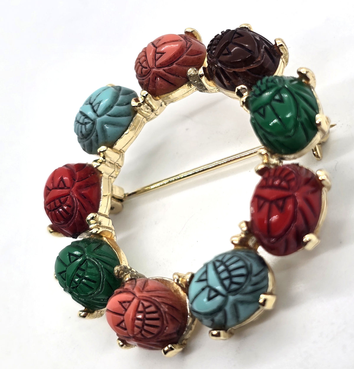 Egyptian Revival molded glass vintage scarab circle infinity brooch