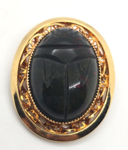 Catamore carved Scarab Egyptian Revival 12k gold filled Bloodstone brooch
