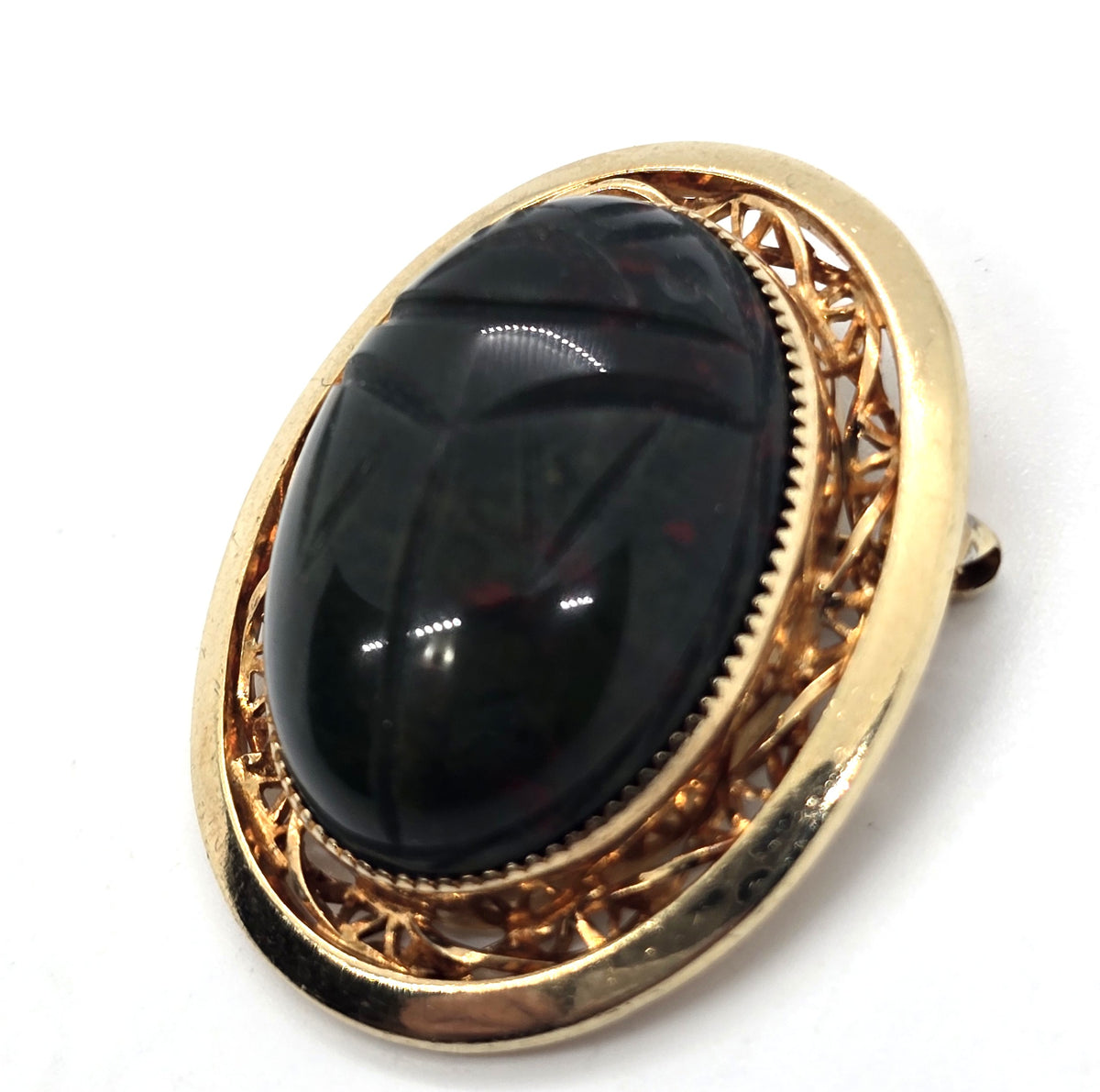 Catamore carved Scarab Egyptian Revival 12k gold filled Bloodstone brooch