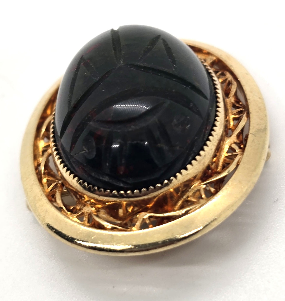 Catamore carved Scarab Egyptian Revival 12k gold filled Bloodstone brooch