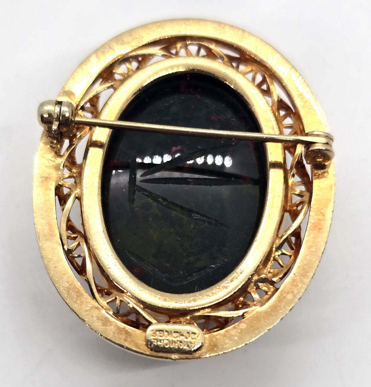 Catamore carved Scarab Egyptian Revival 12k gold filled Bloodstone brooch